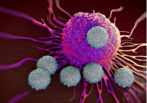 Leucocitos alrededor de una célula cancerígena